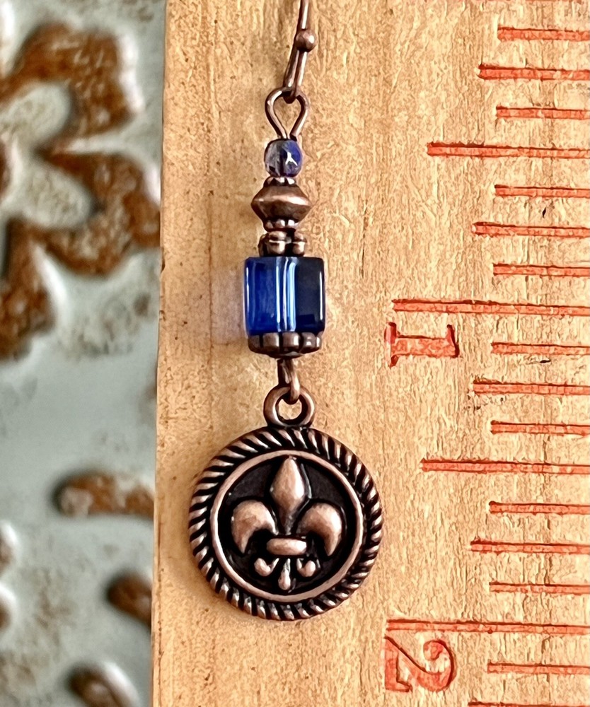 Blue and Copper Tone Fleur-de-Lis Dangle Earrings.