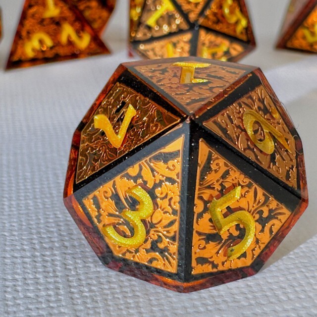 Sage's Arabesque Copper Sharp Edge Resin Polyhedral Dice Set DnD RPG TTRPG