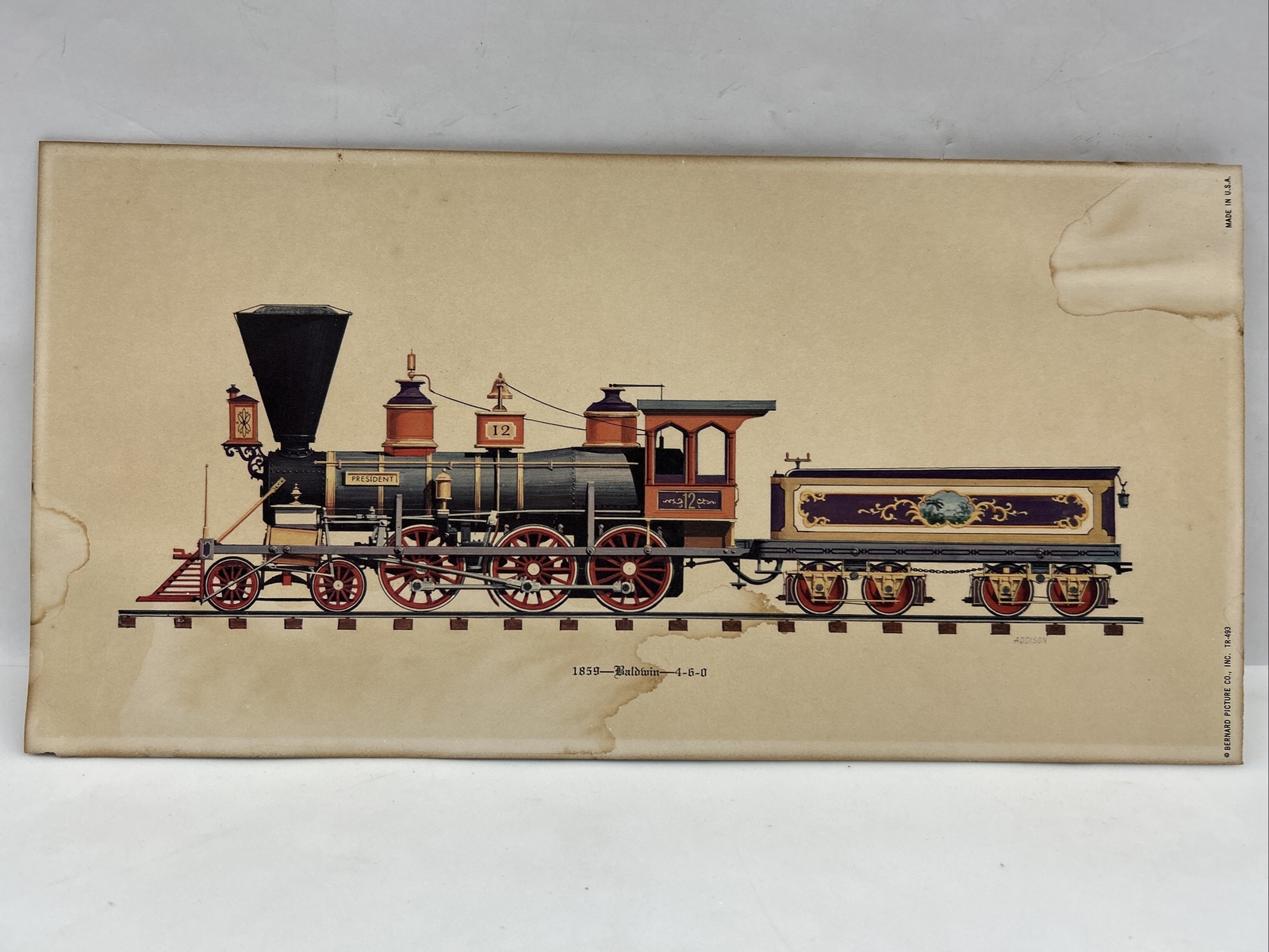Baldwin Locomotive And Tender 14”x7” Litho 1859 President 10 Wheel 4-6-0