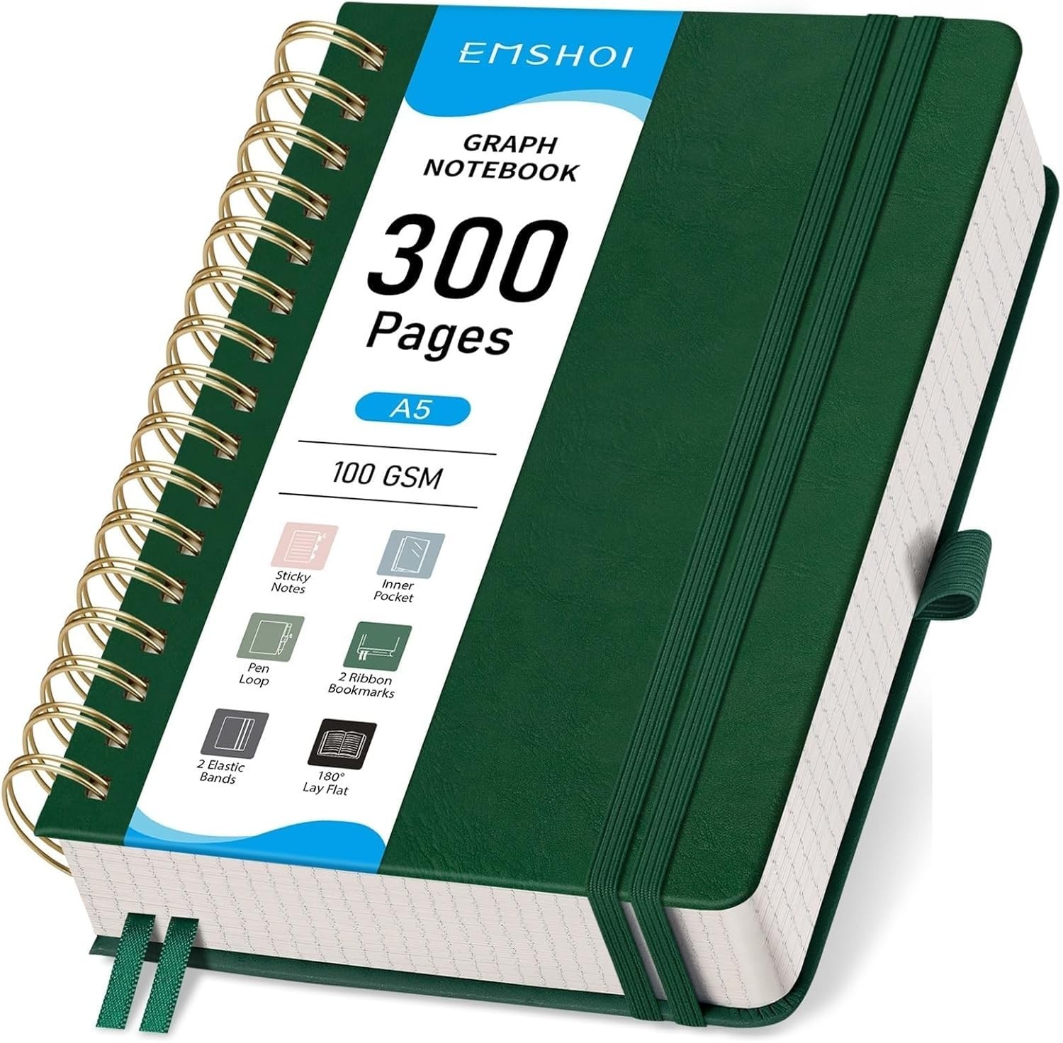 EMSHOI Spiral Graph Paper Notebook - 300 Pages, 100 GSM Thick Grid Notebook,
