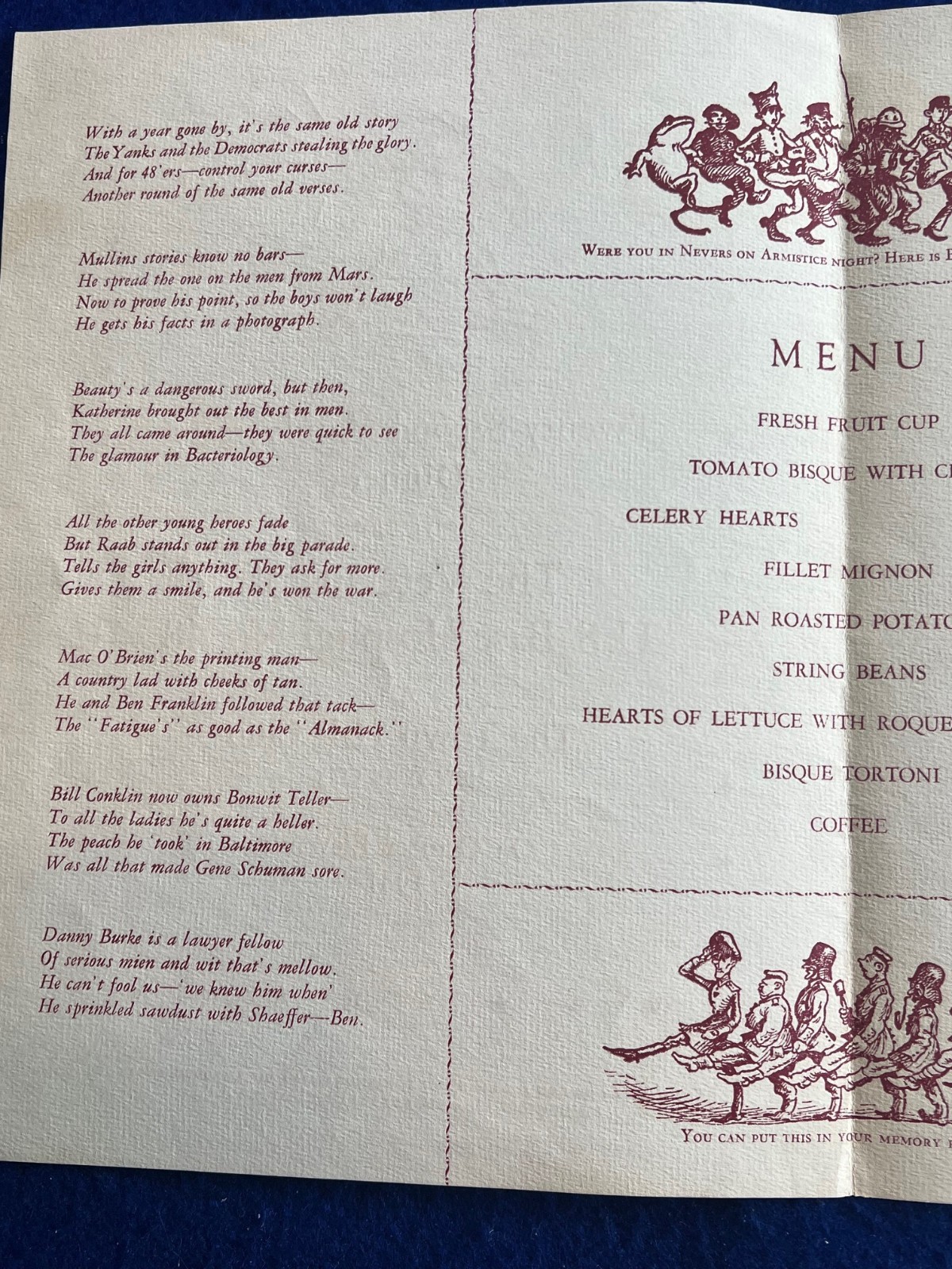 WWI AEF Base Hospital No. 48 France Veteran Reunion Menu Souvenir Cartoon WWII