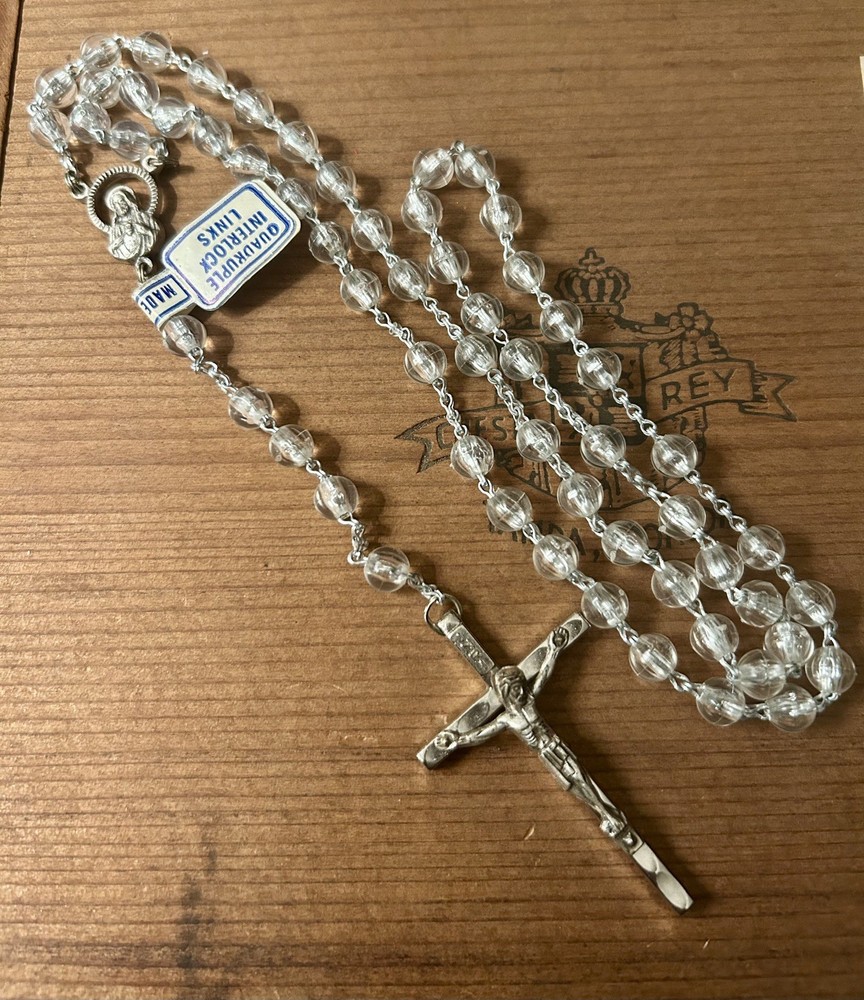 Clear Bead Silver Tone Rosary Italy INRI