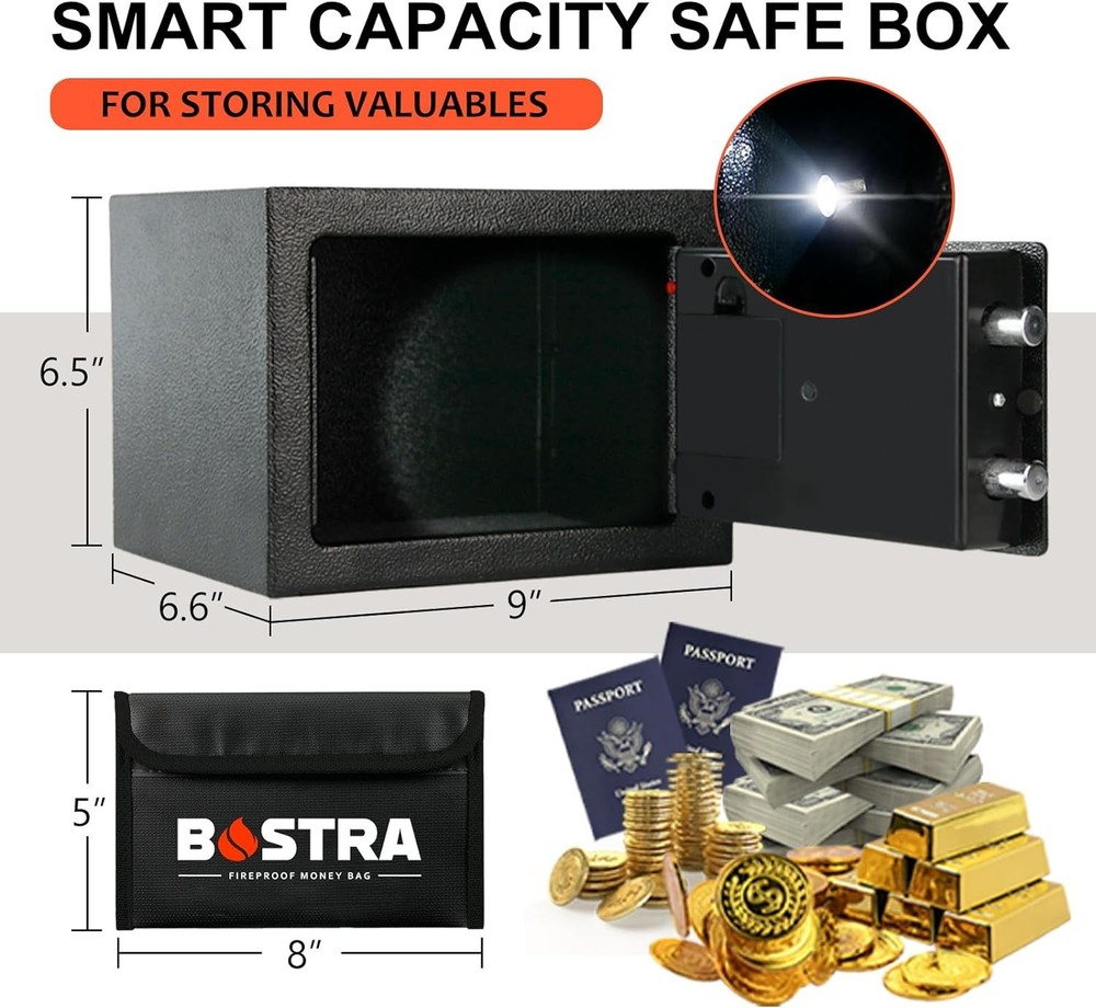 Bostra Fireproof Safe Box with Sensor Light & 0.23 Cubic Feet, Silver