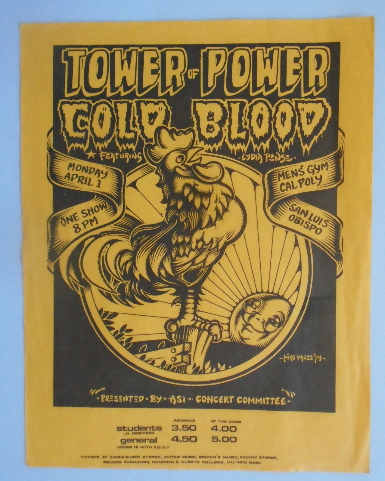 ORIGINAL CONCERT POSTER-TOWER OF POWER_COLD BLOOD-MENS GYM-SAN LUIS OBISPO-4-74