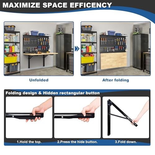 Wall Mounted Workbench with Pegboard, Folding Down Work Table Metal Pegboard