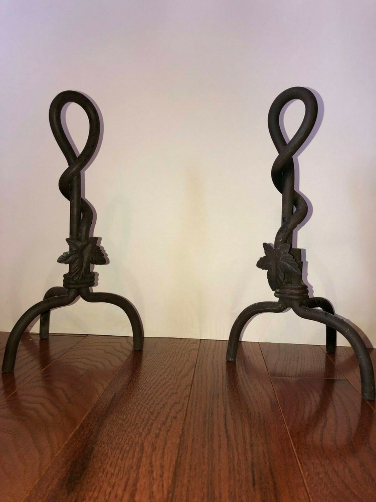 Vintage Maple Rust Leaf Fireplace Hearth Andirons