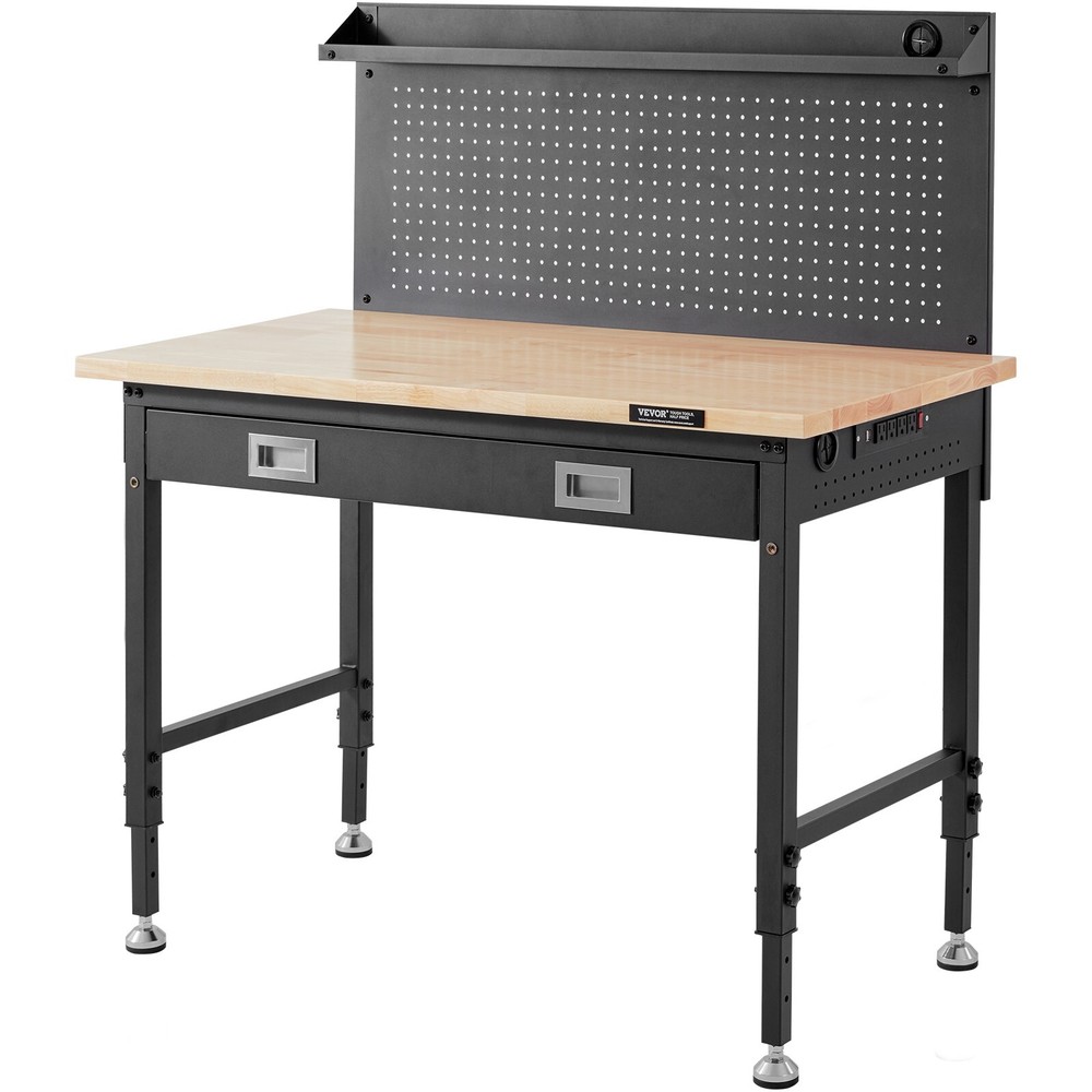 VEVOR Workbench 48"X24" Solid Wood Top Workbench with Drawer Pegboard Outlets