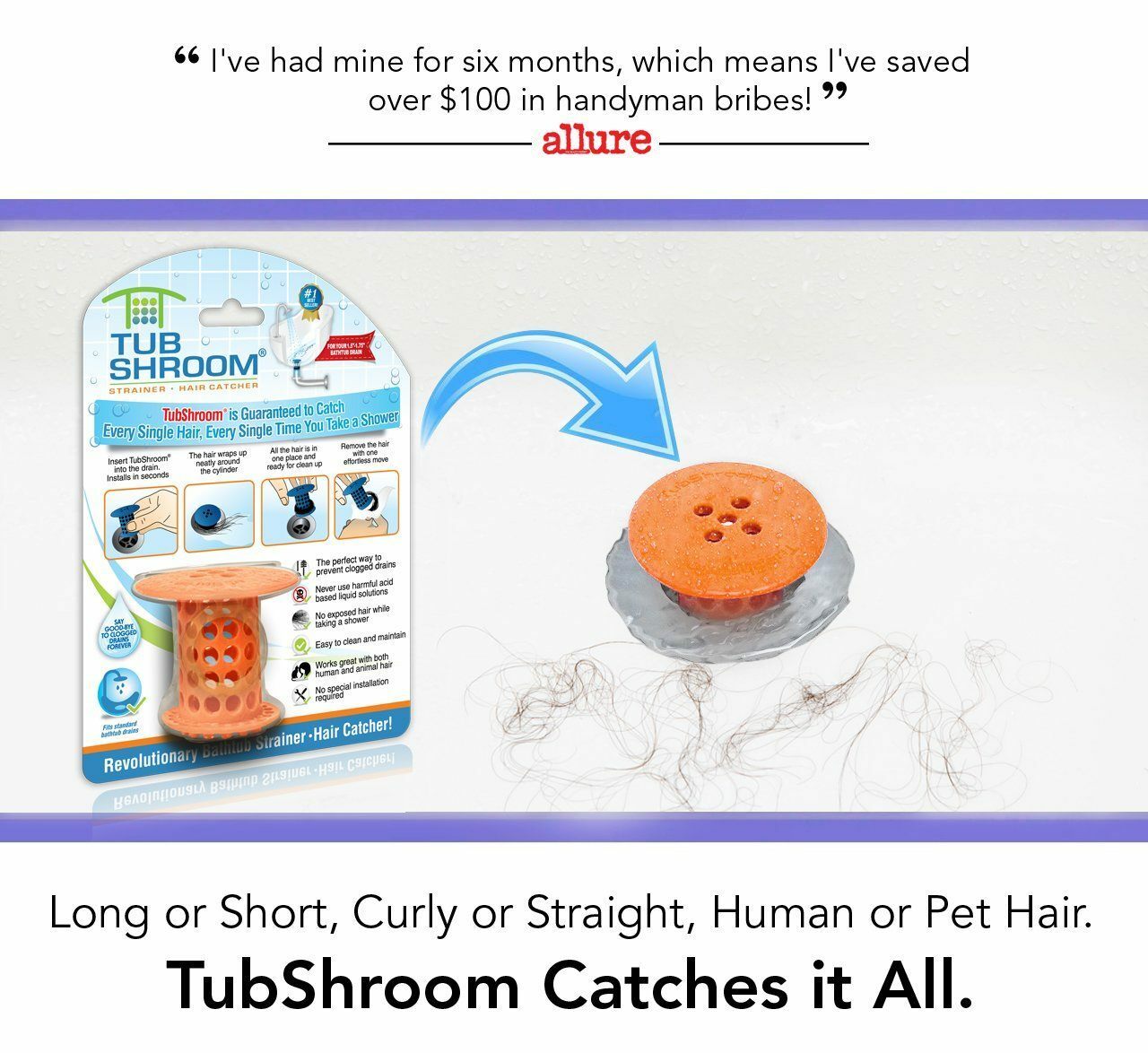 TubShroom® Orange Revolutionary Drain Hair Catcher No More Clogs Free Shipping!