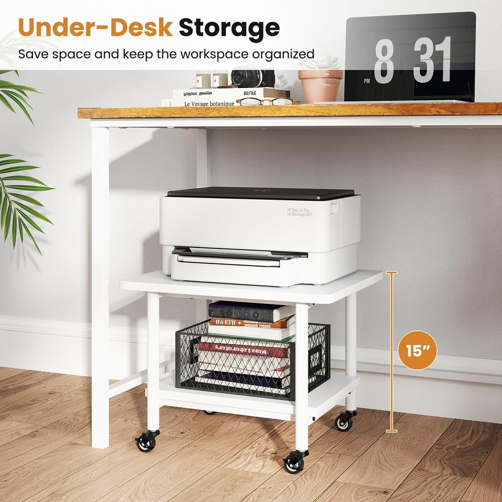 Under Desk Printer Stand, 2-Tier Mobile Printer Table with Storage Shelf, Loc...