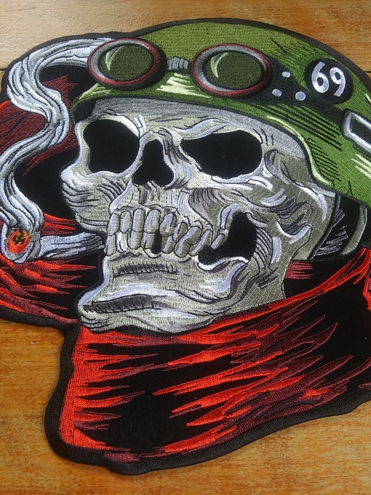 Large Embroidered Back Patch ~ Smokin' Death Skull 69 Helmet Biker Jacket PATCH