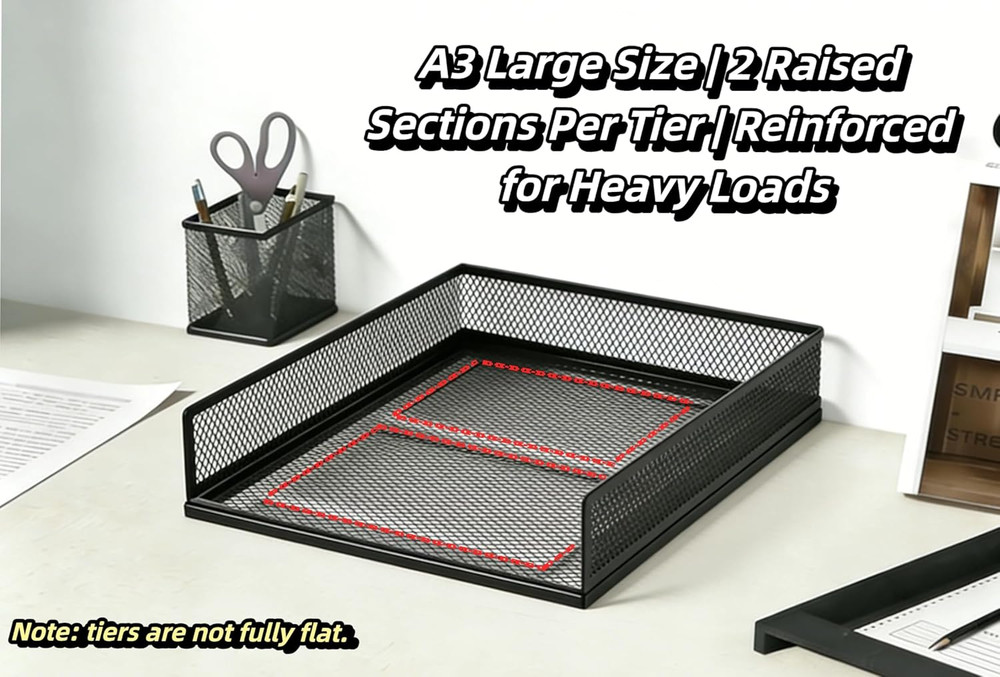 A3 Mesh Desk File Organizer, Stackable Paper Tray，Desktop Document Sorter, File
