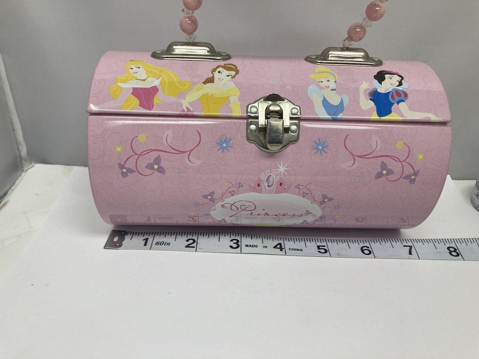 Disney Princess Beaded Pink Tin Tote Purse Case Snow White Cinderella Belle