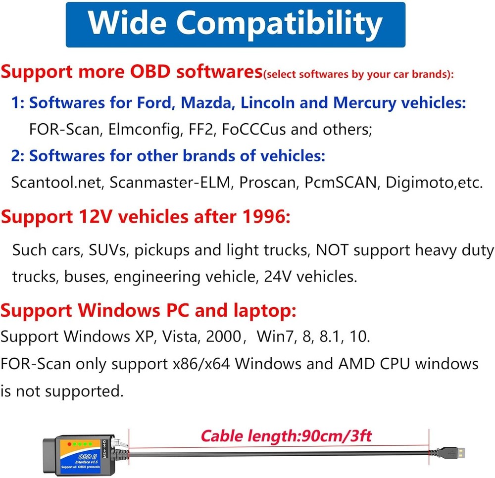 USB OBD2 Scanner Reader USB to OBD2 Cable Diagnostic Scan Tool OBD2 to USB Inter