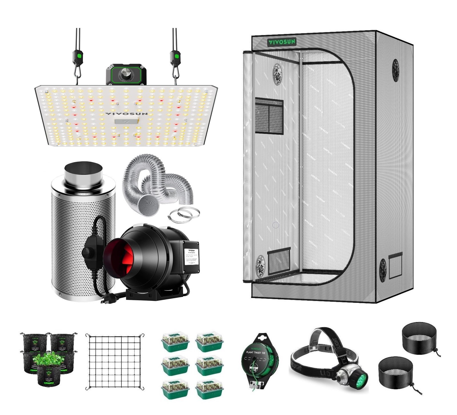 VIVOSUN Gray Grow Tent Complete Kit w/ Inline Fan & LED Grow Light & Accessories