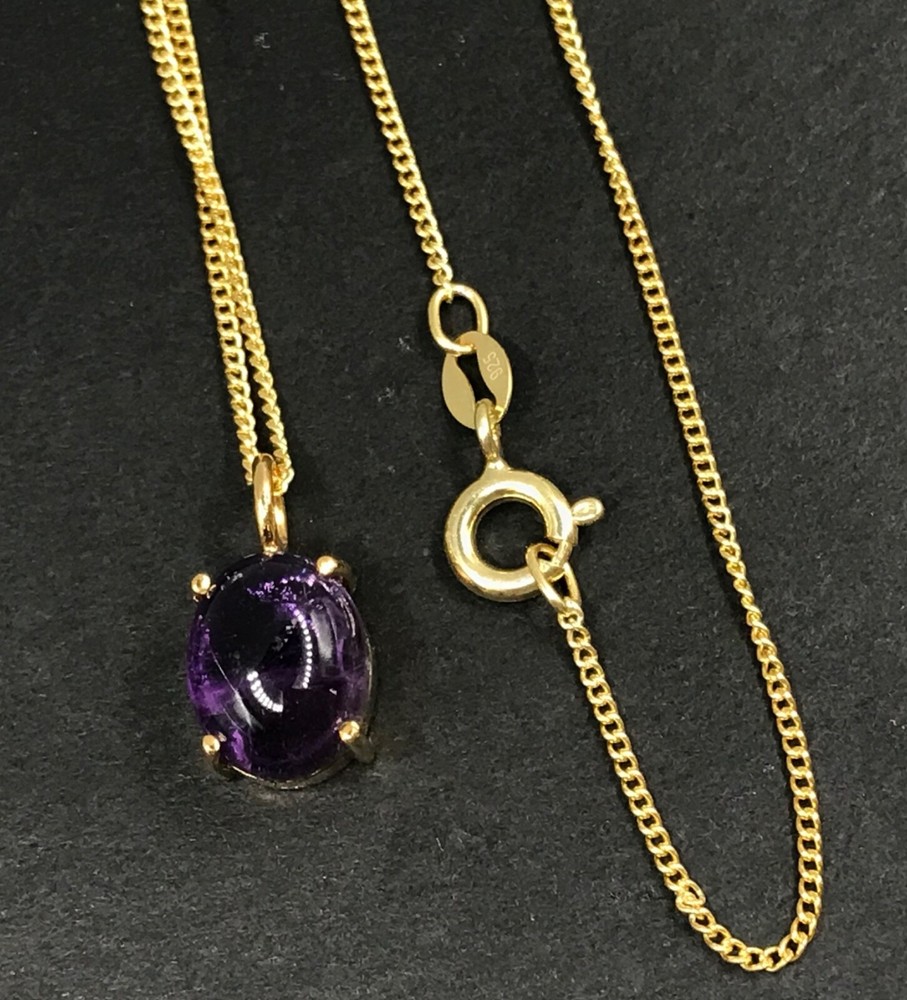 Amethyst cabochon set, stud earrings, pendant, gold on solid sterling silver.