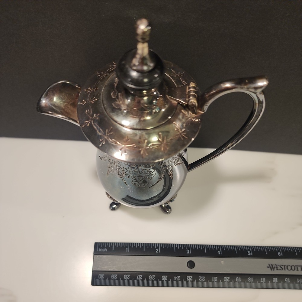 Silverplate Creamer Etched Floral Pattern, Footed, Hinged Lid Marked EPNS USA