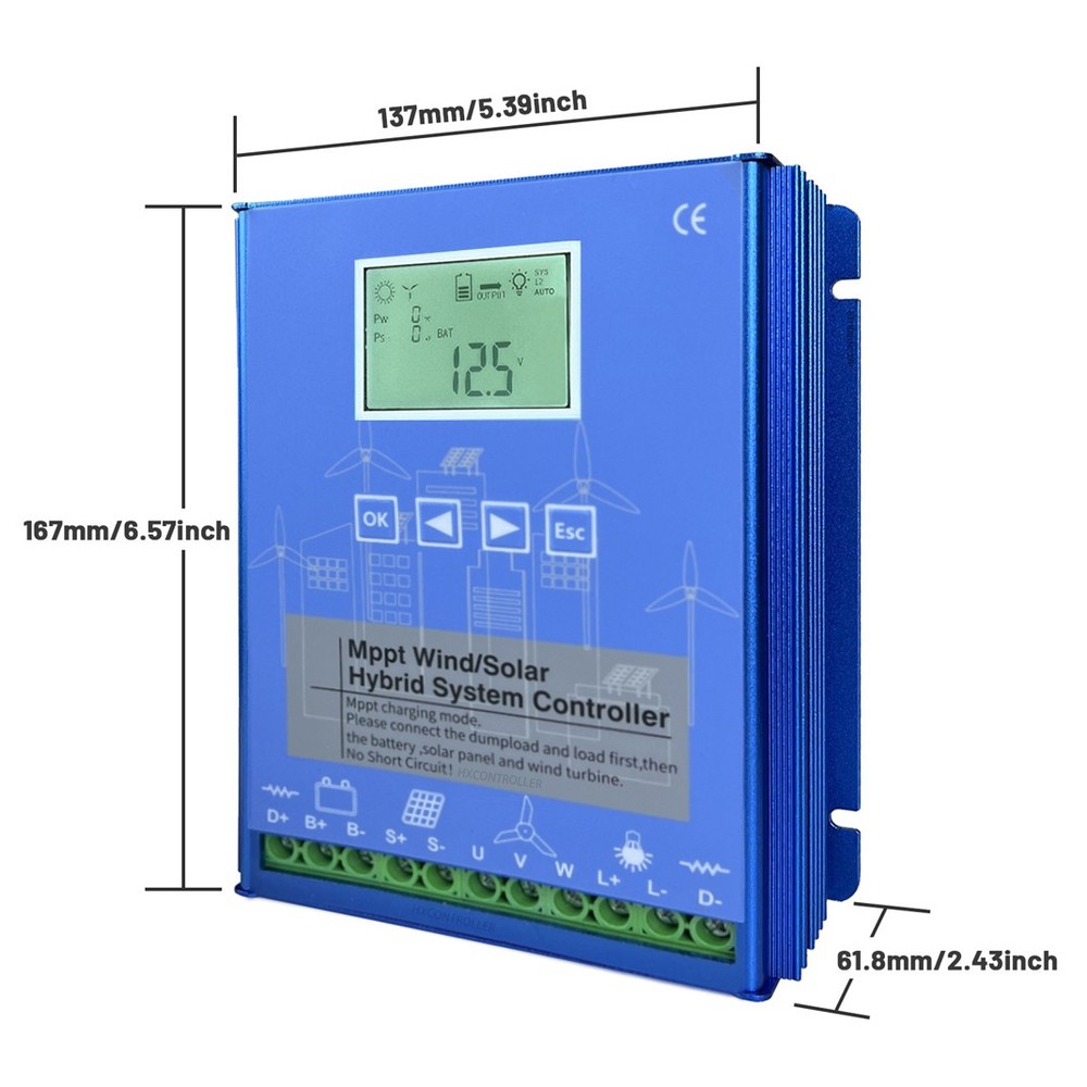 2000W MPPT Wind Solar Hybrid Charge Controller Solar&Wind Power Dunpload 12V 24V