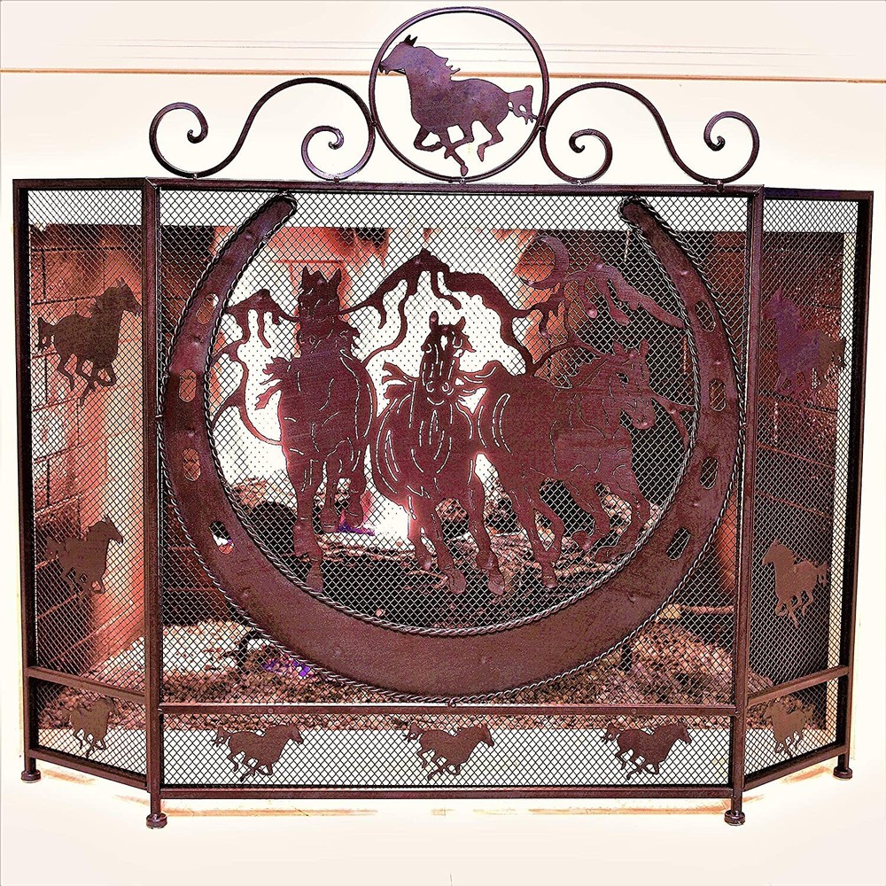 Rustic Metal Foldable Fireplace Screen with Horseshoe and Running Horses