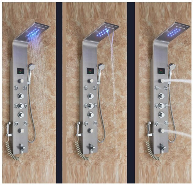 Shower Wall Panel Tower System Brushed Nickel Rainfall Waterfall Massage Jets