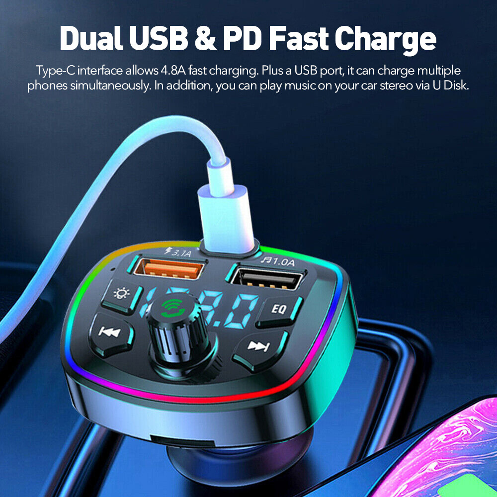 Bluetooth 5.0 Car FM Transmitter Adapter 2USB PD+TYPE C Fast Charger Hands Free