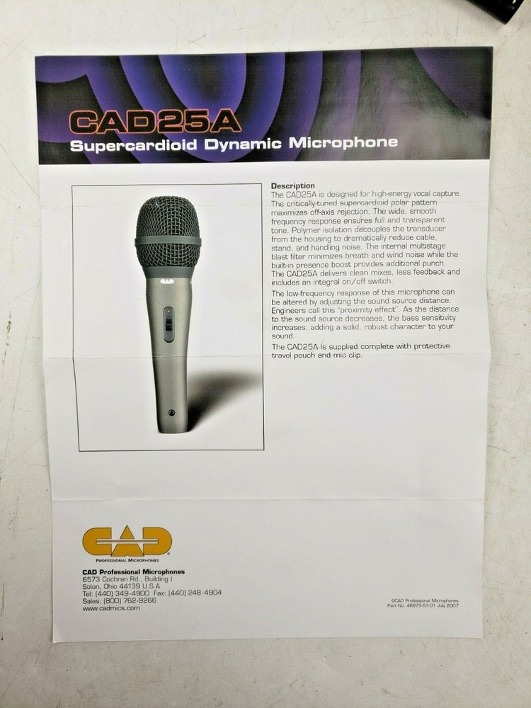 New CAD 25A Supercardioid Dynamic Microphone Cable Stand Mount Handheld Vocal