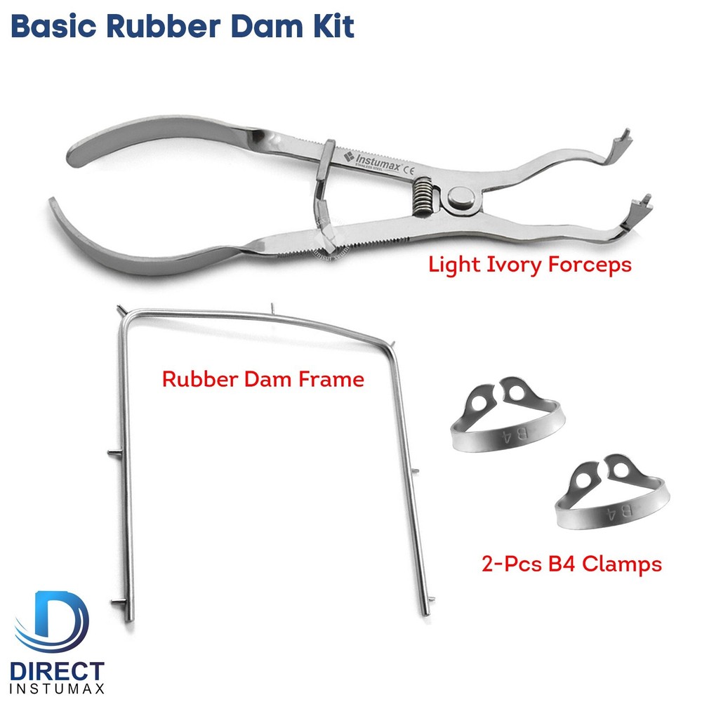 4PCS Endodontic Basic Rubber Dam Kit Light Ivory Clamp Forceps Rubber Dam Frame