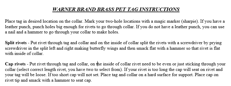 Warner Brand Engraved Brass Pet ID Dog Tag with three sizes of rivets USA