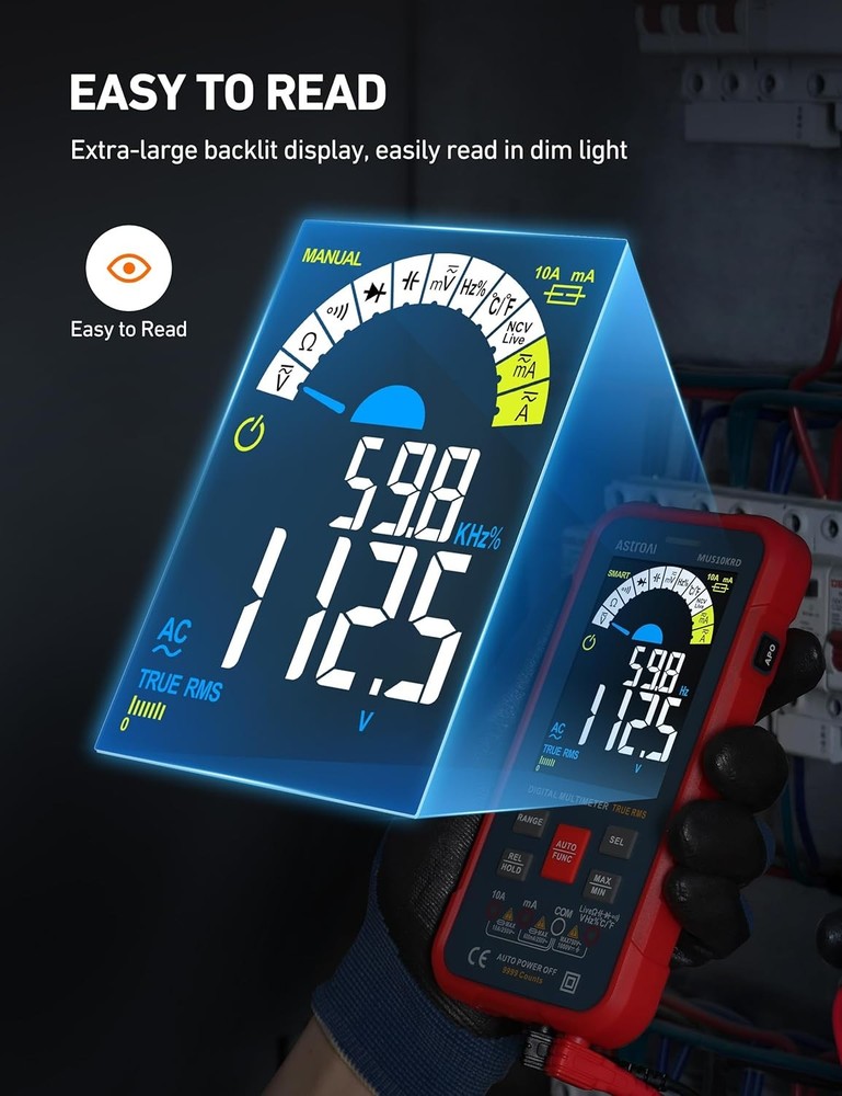 Multimeter Tester 10000 Counts TRMS Auto-Ranging Color LCD Screen Digital Volt M