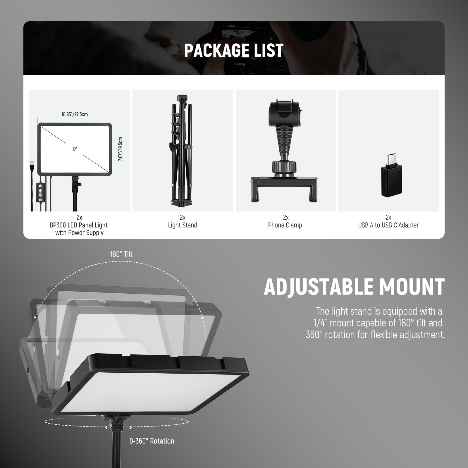 NEEWER BP300D 2-Pack LED Video Light Kit w/Stands, Bi-Color 2700K-6500K