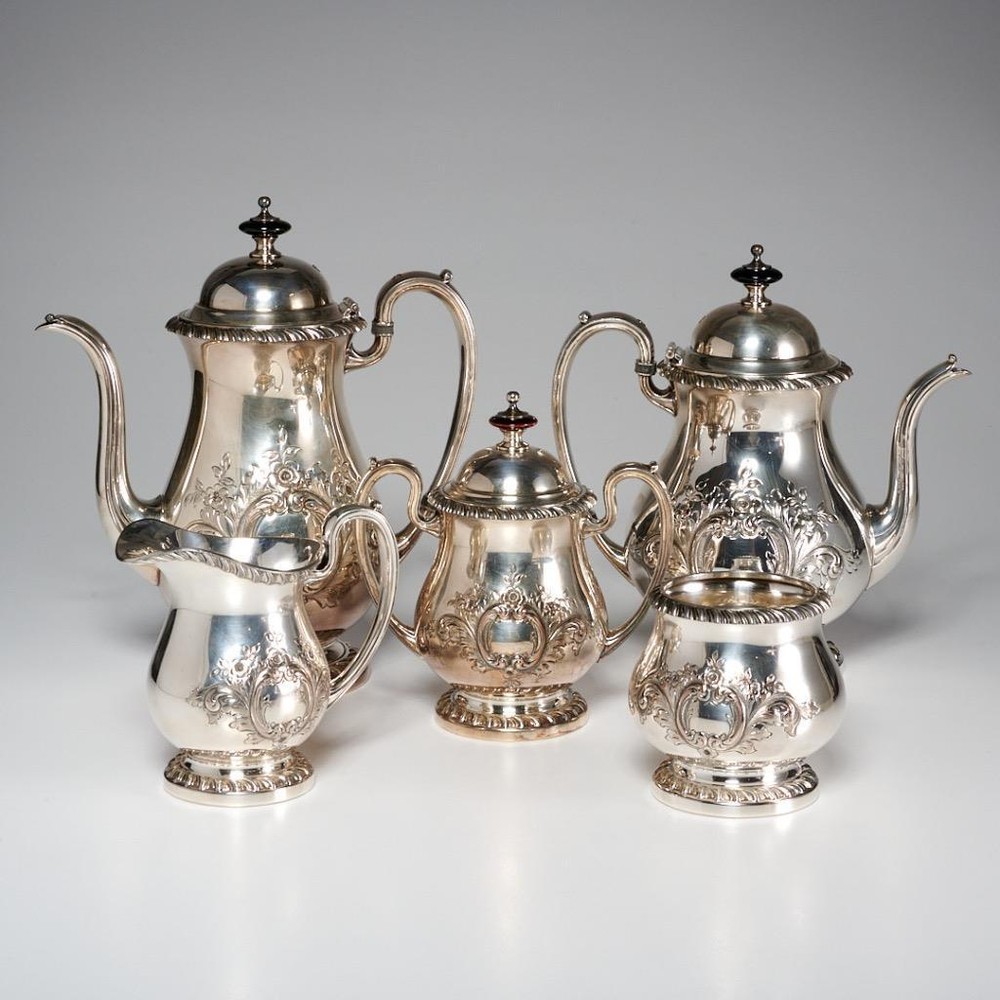 Crescent Silverplate Hand Chased Coffee Tea Five Piece Antique Set *READ*