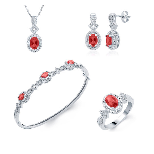 Oval Ruby and Diamond Accent 4 Piece Matching Set Earring Neclace Ring, Bangle