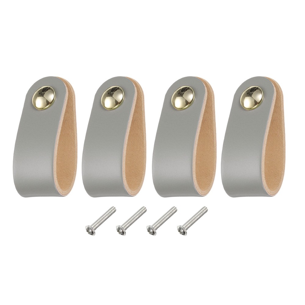 4 Packs Leather Drawer Pulls Single Hole Knobs for Drawers, Grey/Gold