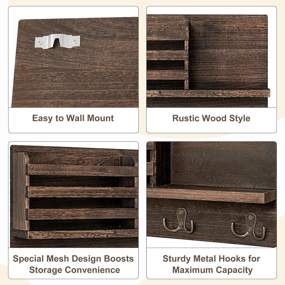 Rustic Farmhouse Wall Mounted Mail Holder with Key Hooks