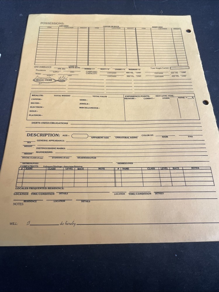 CLASSIC! AD&D Player Character Record Sheet Magic User Illusionist “UNUSED*