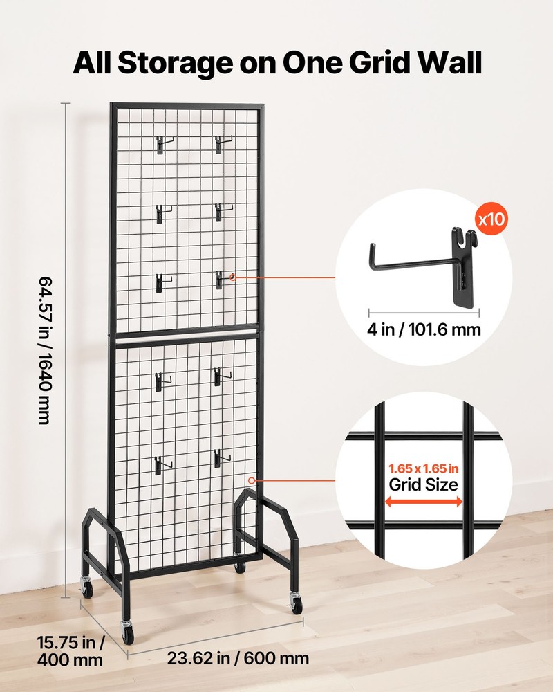 VEVOR Grid Wall Panel 1.9 x 5.4 ft Wire Display Rack with Wheels and 10 Hooks
