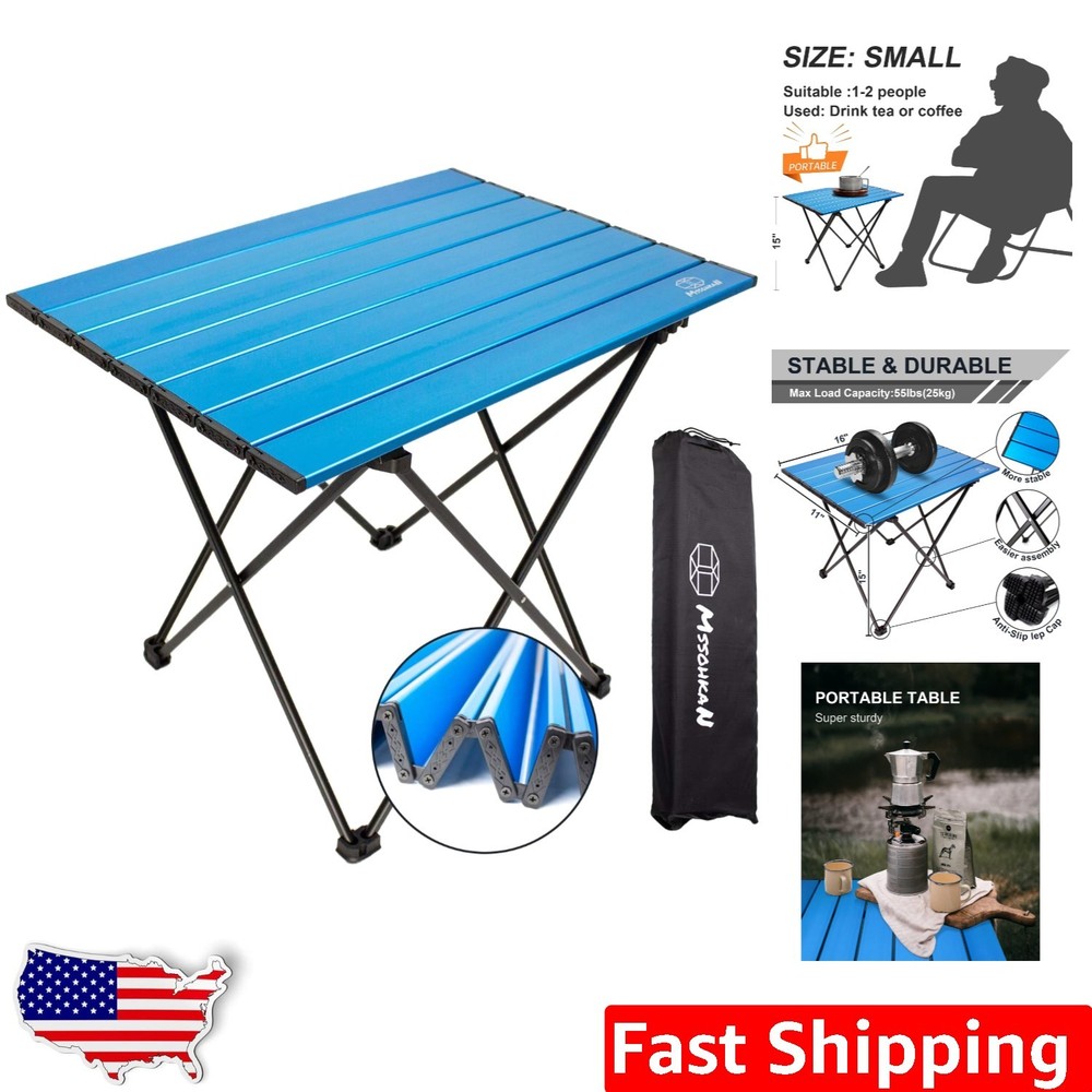 Blue Aluminum Camping Table | Lightweight Folding Side Table | 55lb Capacity