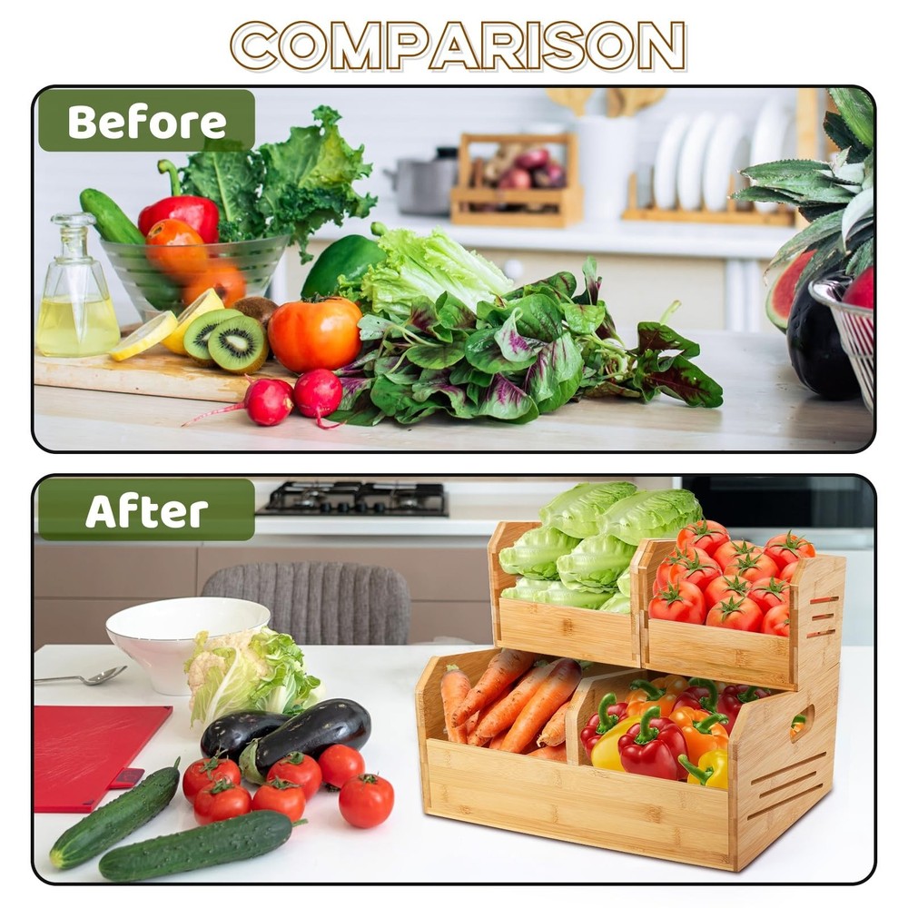 2 Tier Bamboo Stackable Storage Bins, 4 Compartment Potato and Onion Storage ...