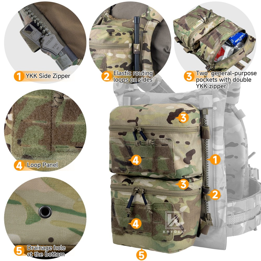 Krydex Tactical Back Panel Double Pouch Zip On Backpack for V5 vest
