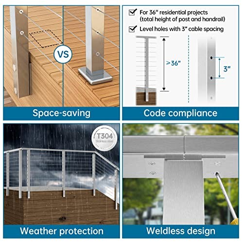Side Mount Cable Railing Post 36 Inchx2"x2" Level Drilled Space Level post 36"