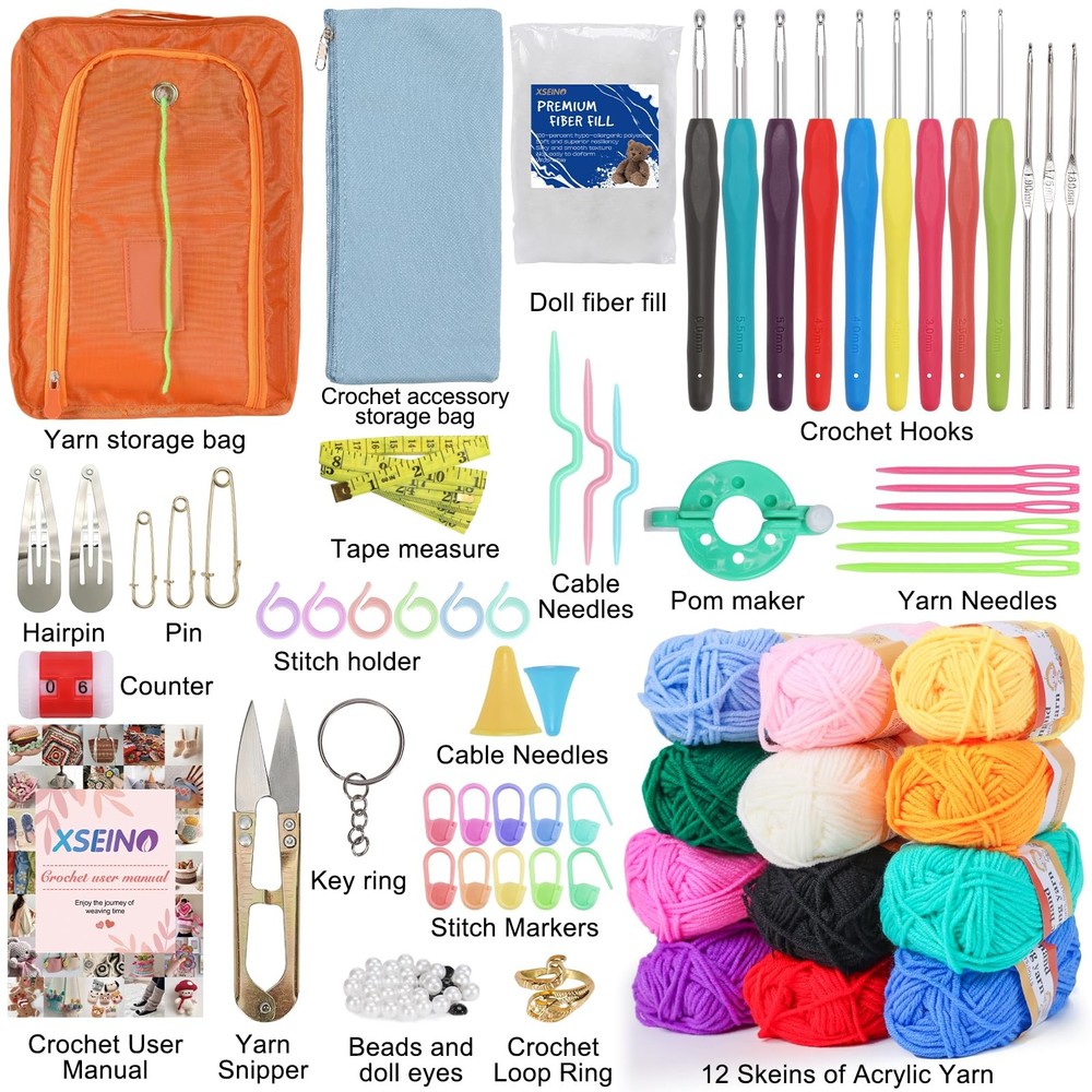 XSEINO Crochet Kit with Step-by-Step Video Tutorials，Premium Bundle Includes ...