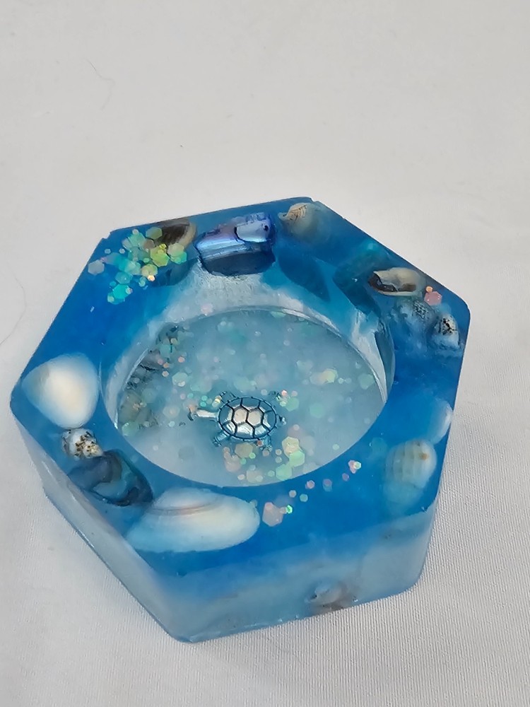 New Handmade Octagon Tea Light Holder - Blue with Shells & Turtle
