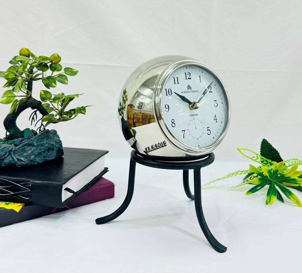Nautical Silver & Black Aluminium Table Clock, Silver Round Clock With Black Sta
