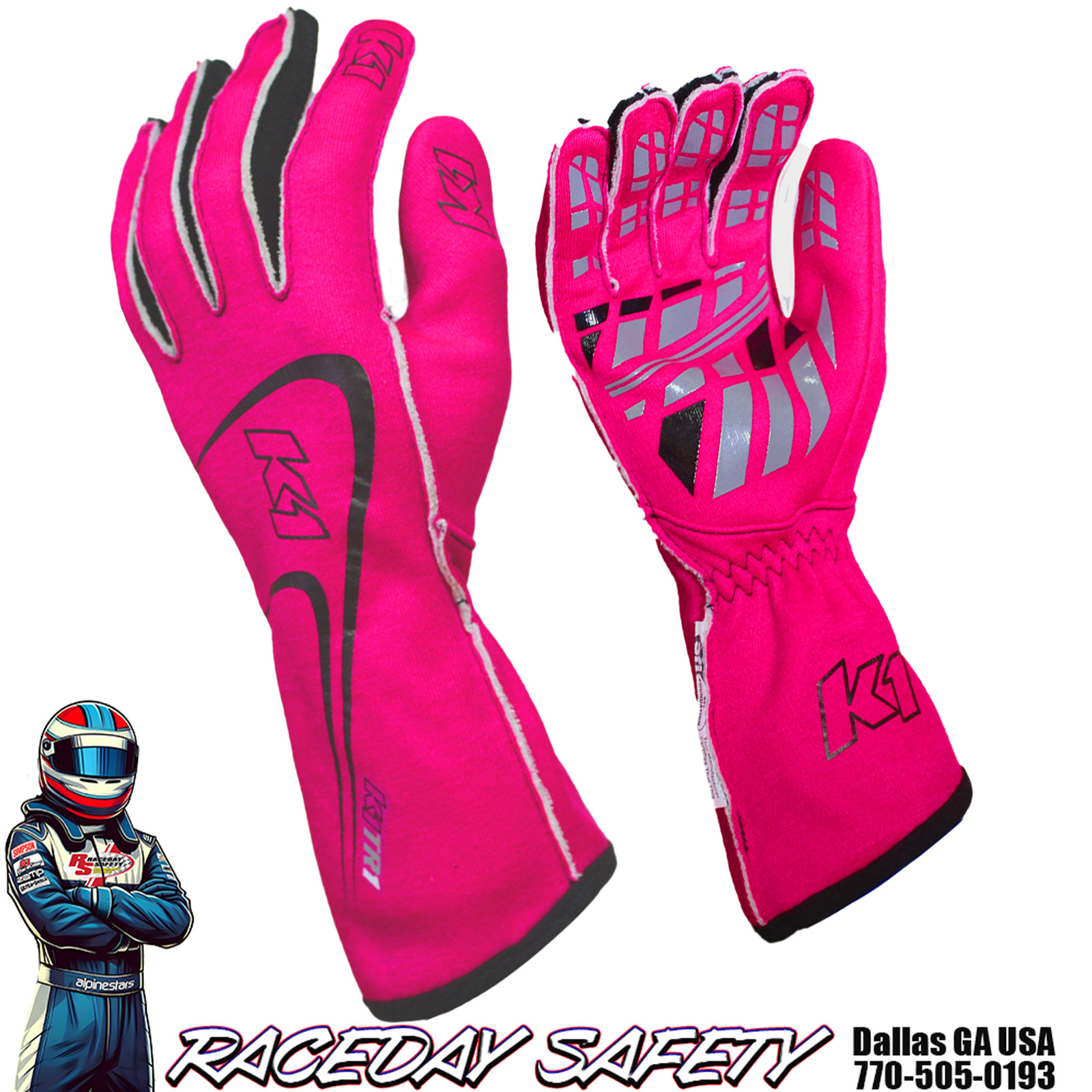 K1 RaceGear Track 1 Nomex Racing Gloves SFI 3.3/5 Fluorescent Pink Kids & Adults