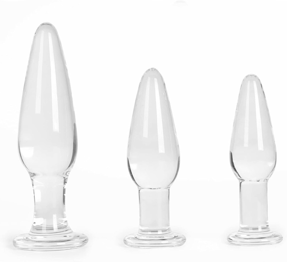3 Pieces Glass Butt Plug Set Crystal Butt Plug Training Kit with Smooth Flat Bas