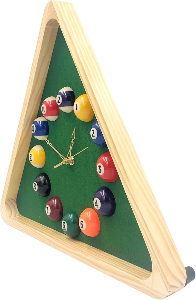 Billiard Art Clock - 14-inch Solid Wood Triangle Clock for Game Room Decor