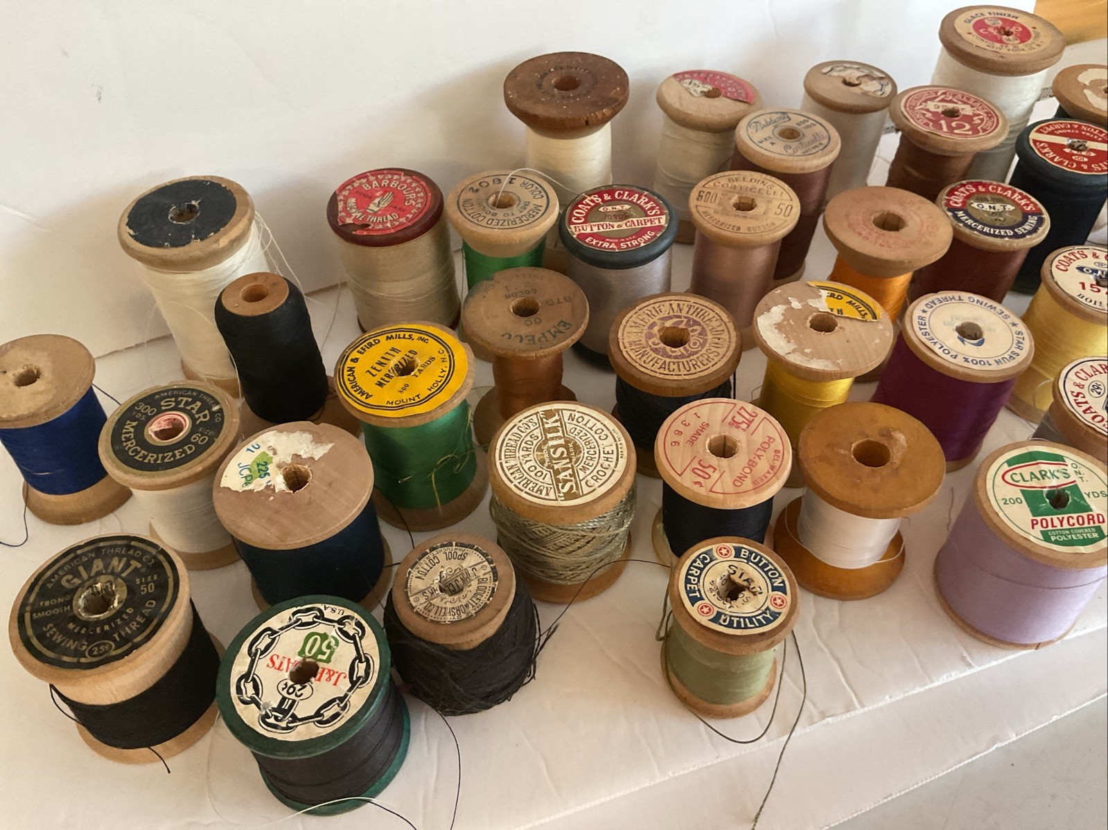 Vintage Lot of 40 Wooden Sewing Thread Spools Crafts Various Brands Full Partial