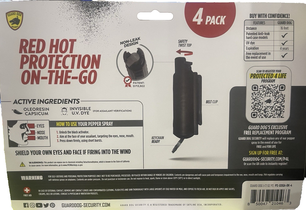 Guard Dog Security Pepper Spray 4 Pack 0.5oz Keychain 16ft Range - NEW