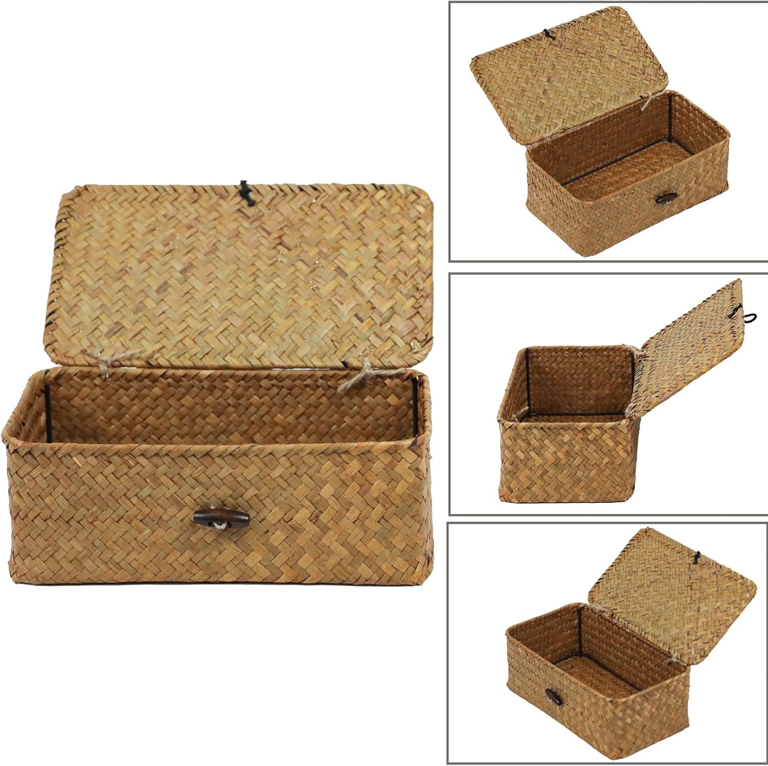 Wicker Storage Basket with Lid, Natural Seagrass Storage Baskets for Organizing,