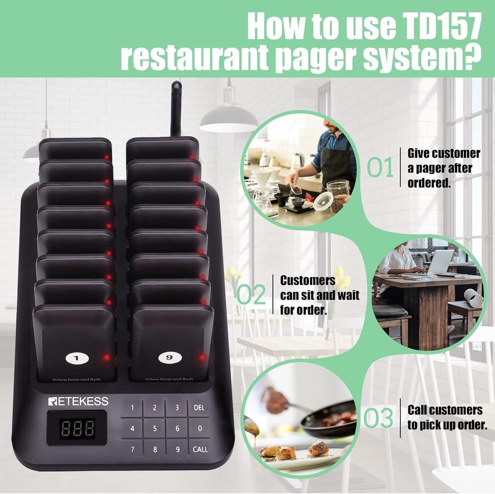 Enhanced TD157 Pager System - 984ft Wireless Range, 16 Pagers & Custom Alerts