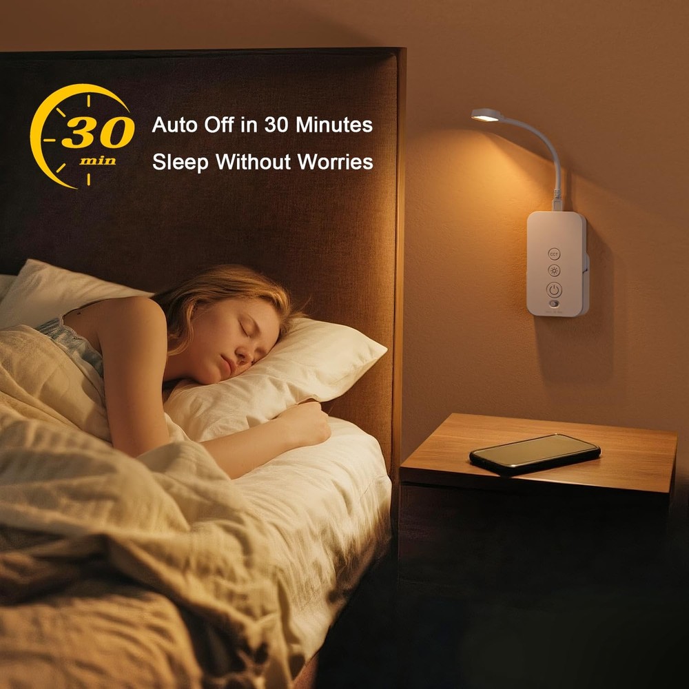 Wall Mounted Reading Light Dimmable LED Book Lights Timer USB White 1 Pack